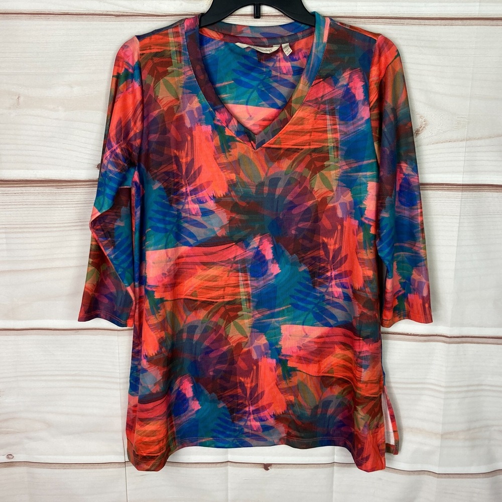 Soft Surroundings Top Womens S Multicolor Tunic V-Neck 3/4 Sleeve Colorful Knit
